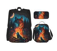 cfpolar Zaino da 3 pezzi, motivo: lupo con falò sotto la luna, borsa per il pranzo, astuccio da viaggio, per laptop, libri, borsa termica per il pranzo, borsa da toeletta per viaggi, lavoro, picnic