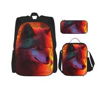 cfpolar Zaino da 3 pezzi, motivo: lupo del fuoco, borsa per il pranzo, astuccio da viaggio, per laptop, libri, borsa termica per il pranzo, borsa da toeletta per viaggi, lavoro, picnic