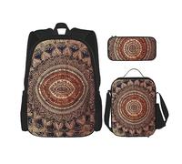 cfpolar Zaino da 3 pezzi, vintage, motivo mandala nero, con fiori mandala, borsa portapranzo, astuccio da viaggio per laptop, libreria, borsa termica per il pranzo, borsa da toeletta per viaggi,