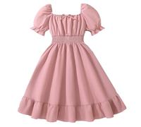 cfpqv Abito da bambina medio e grande, casual, scollo quadrato, maniche corte, vita, increspato, abito da principessa, comodo per il tempo libero, Colore: rosa., 10-11 Jahre