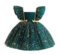 cfpqv Girls Christmas Flying Sleeve Star Mesh Princess Dress Performance Gowns Gonne lunghe al ginocchio, verde, 1-2 Jahre