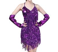 CFWSHJ Abito da Donna con Frange, Paillettes, Nappe, Latino, Tango, Salsa, Rumba, palcoscenico, Sala da Ballo, Vestito con Guanti