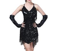 CFWSHJ Abito da Donna con Frange, Paillettes, Nappe, Latino, Tango, Salsa, Rumba, palcoscenico, Sala da Ballo, Vestito con Guanti