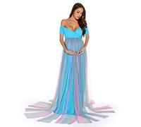 CFWSHJ Abito Premaman Arcobaleno con Spalle Scoperte per Servizio Fotografico Abito per Baby Shower Abito Premaman in Tulle a Maniche Corte
