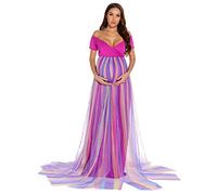 CFWSHJ Abito Premaman Arcobaleno con Spalle Scoperte per Servizio Fotografico Abito per Baby Shower Abito Premaman in Tulle a Maniche Corte
