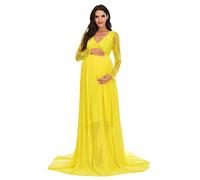 CFWSHJ Abito Premaman in Chiffon con Scollo a V e Maniche Lunghe, con Cuciture in Pizzo, Maxi Abito per Baby Shower