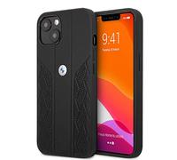 CG MOBILE BMW - Custodia per iPhone 13", sedile perforato nero con linee imprese, custodia protettiva e durevole in vera pelle con facile scatto, assorbimento degli urti e logo firmato