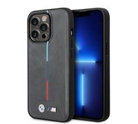 CG MOBILE BMW M Collection Magsafe - Custodia trapuntata in poliuretano con striscia tricolore stampata a caldo e logo stampato per iPhone 14 Plus, grigio