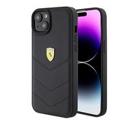 CG MOBILE Ferrari - Custodia per telefono compatibile con iPhone 15 Plus, nera con linee cucite, custodia protettiva e durevole in vera pelle con facile scatto, assorbimento degli urti e logo firmato