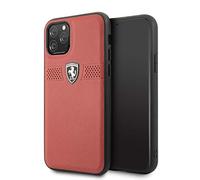CG MOBILE Ferrari - Custodia rigida in vera pelle per iPhone 11 Pro, con strisce orizzontali perforate, protezione da cadute e urti, con licenza ufficiale, colore: Rosso