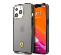 CG MOBILE Ferrari - Custodia rigida per iPhone 13 Pro, colore grigio traslucido con linee della bandiera italiana, antigraffio, comoda e resistente, con facile scatto, assorbimento degli urti e logo