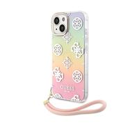 CG MOBILE Guess - Custodia per iPhone 15" IML iridescente con cordino rosa, antigraffio, comoda e resistente, custodia rigida con porte accessibili, assorbimento degli urti
