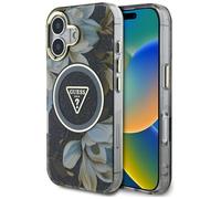 CG Mobile Cover Guess per iPhone 16 – Fiori Glitter, Bottoni Triangolari, Compatibile MagSafe – Nero
