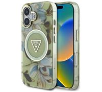CG MOBILE Guess Glitter Flowers Triangle Buttons Cover per iPhone 16 Compatibile con MagSafe (Verde)