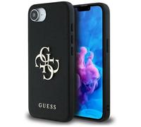 Guess Custodia iPhone 16e Grained 4G Similpelle Saffiano Logo metallico Nero