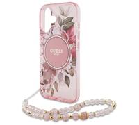 CG MOBILE Guess GUHMP16SHFWBRCESP - Custodia rigida per iPhone 16 da 6,1", motivo: fiori IML con cinturino in perla