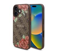 CG MOBILE Guess HC Custodia per telefono progettata per iPhone 16, durevole, antiurto, compatibile con Magsafe, custodia in PU 4G con stampa floreale marrone