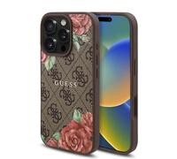 CG MOBILE Guess HC Custodia per telefono progettata per iPhone 16 Pro, durevole, antiurto, compatibile con Magsafe, custodia in PU 4G con stampa floreale marrone
