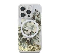 CG MOBILE Guess HC Custodia per telefono progettata per iPhone 16 Pro Max, durevole, antiurto, compatibile con Magsafe, custodia LIQ con fiori glitterati beige