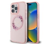 CG MOBILE Guess HC Custodia per telefono progettata per iPhone 16 Pro Max, durevole, antiurto, compatibile con Magsafe, IML fiori corona custodia rosa