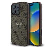 CG MOBILE Guess HC Custodia per telefono progettata per iPhone 16 Pro Max, durevole, antiurto, compatibile con Magsafe, custodia con logo classico in PU 4G con anello marrone