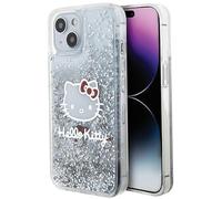 Custodia per iPhone 14 Hello Kitty con glitter liquido e ciondoli argento