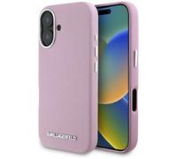 CG MOBILE Karl Lagerfeld Saffiano Full Wrapped Elongated Metal Logo Cover per iPhone 16 Compatibile con MagSafe (Rosa)