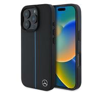CG MOBILE Mercedes-Benz HC Custodia per iPhone 16 Pro, durevole, antiurto, compatibile con Magsafe, custodia in pelle Blue Line nera