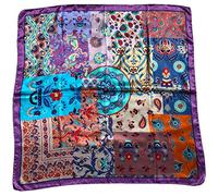 CG - TALENTO FIORENTINO, sciarpa foulard di seta con disegno Firenze floreale patchwork, 100% seta di raso, 90x90cm, disponibile in due colori, fatto in Italia Made in Italy (Multicolor Azzurro)