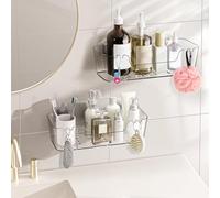 CGBE Set di 2 mensole autoadesive con ganci nascosti, mensole da bagno senza fori con drenaggio, mensola adesiva da parete per bagno, cucina - Grande