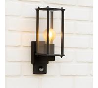 CGC Lighting Lampada da parete per esterni con alimentazione di rete, lanterna coach in vetro smussato per portico e giardino, apparecchio lampada decorativa impermeabile (nero PIR)