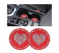 CGEAMDY 2 Pezzi Sottobicchieri per Auto, Rotondo Con Inserto a Cuore Con Strass Sottobicchiere, Antiscivolo Cristalli Sottobicchieri Da Auto per Accessori per La Decorazione Interni Auto (Rosso)
