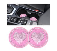 CGEAMDY 2 Pezzi Sottobicchieri per Auto, Rotondo Con Inserto a Cuore Con Strass Sottobicchiere, Antiscivolo Cristalli Sottobicchieri Da Auto per Accessori per La Decorazione Interni Auto (Rosa)