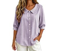 CGGMVCG Camicetta da donna a righe mezza manica con colletto Peter Pan Button Up camicia da donna casual vestibilità ampia top a righe verticali eleganti tuniche casual, Viola, M