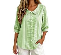 CGGMVCG Camicetta da donna a righe mezza manica con colletto Peter Pan Button Up camicia da donna casual vestibilità ampia top a righe verticali eleganti tuniche casual, Verde, XL