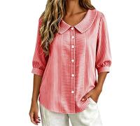 CGGMVCG Camicetta da donna a righe mezza manica con colletto Peter Pan Button Up camicia da donna casual vestibilità ampia top a righe verticali eleganti tuniche casual, Rosso, XL
