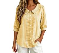 CGGMVCG Camicetta da donna a righe mezza manica con colletto Peter Pan Button Up camicia da donna casual vestibilità ampia top a righe verticali eleganti tuniche casual, Giallo, M