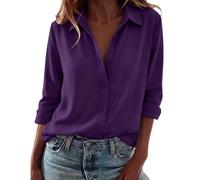 CGGMVCG Camicette da donna con bottoni classiche con colletto a maniche lunghe casual tinta unita scollo a V top eleganti da donna moda ufficio abbigliamento casual, Viola, S
