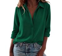 CGGMVCG Camicette da donna con bottoni classiche con colletto a maniche lunghe casual tinta unita scollo a V top eleganti da donna moda ufficio abbigliamento casual, Verde, XXL