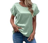 CGGMVCG Camicette estive da donna in raso di seta a maniche corte primaverili casual alla moda con scollo rotondo, Verde menta, XX-Large