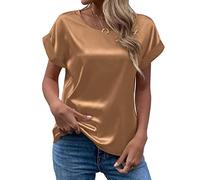 CGGMVCG Camicette estive da Donna in Raso di Seta a Maniche Corte Primaverili Casual alla Moda con Scollo Rotondo, Cachi, XL