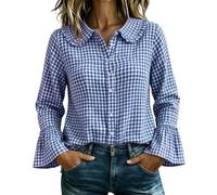 CGGMVCG Camicia da donna a quadri con bottoni, oversize a maniche lunghe, colletto alla Peter Pan, camicetta con volant, casual, a quadretti