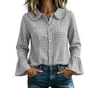 CGGMVCG Camicia da donna a quadri con bottoni, oversize a maniche lunghe, colletto alla Peter Pan, camicetta con volant, casual, a quadretti