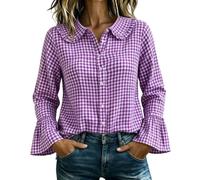 CGGMVCG Camicia da donna a quadri con bottoni, oversize a maniche lunghe, colletto alla Peter Pan, camicetta con volant, casual, a quadretti