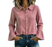 CGGMVCG Camicia da donna a quadri con bottoni, oversize a maniche lunghe, colletto alla Peter Pan, camicetta con volant, casual, a quadretti