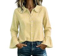 CGGMVCG Camicia da donna a quadri con bottoni, oversize a maniche lunghe, colletto alla Peter Pan, camicetta con volant, casual, a quadretti