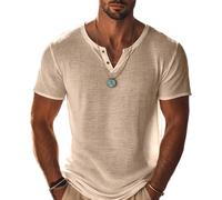 CGGMVCG Camicie da Uomo Henley a Maniche Corte con Collo a V e Bottoni, Top Estivo Leggero e Traspirante per le Vacanze Estive, cachi, L