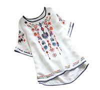 CGGMVCG Camicie di Lino per Le Donne Estate Stile Etnico retrò Ricamo Girocollo Cotone Allentato Manica Corta Top da Donna, Bianco, 4XL