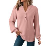 CGGMVCG Felpe da donna in maglia a nido d'ape 2025 casual con bottoni a V camicie a maniche lunghe pullover top per le donne, Rosa, M
