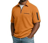 CGGMVCG Polo da uomo con cerniera a un quarto di lunghezza, maglia a nido d'ape, a maniche corte, per golf, tennis, estate, casual, elegante, abbigliamento alla moda, tinta unita, Arancione, XL